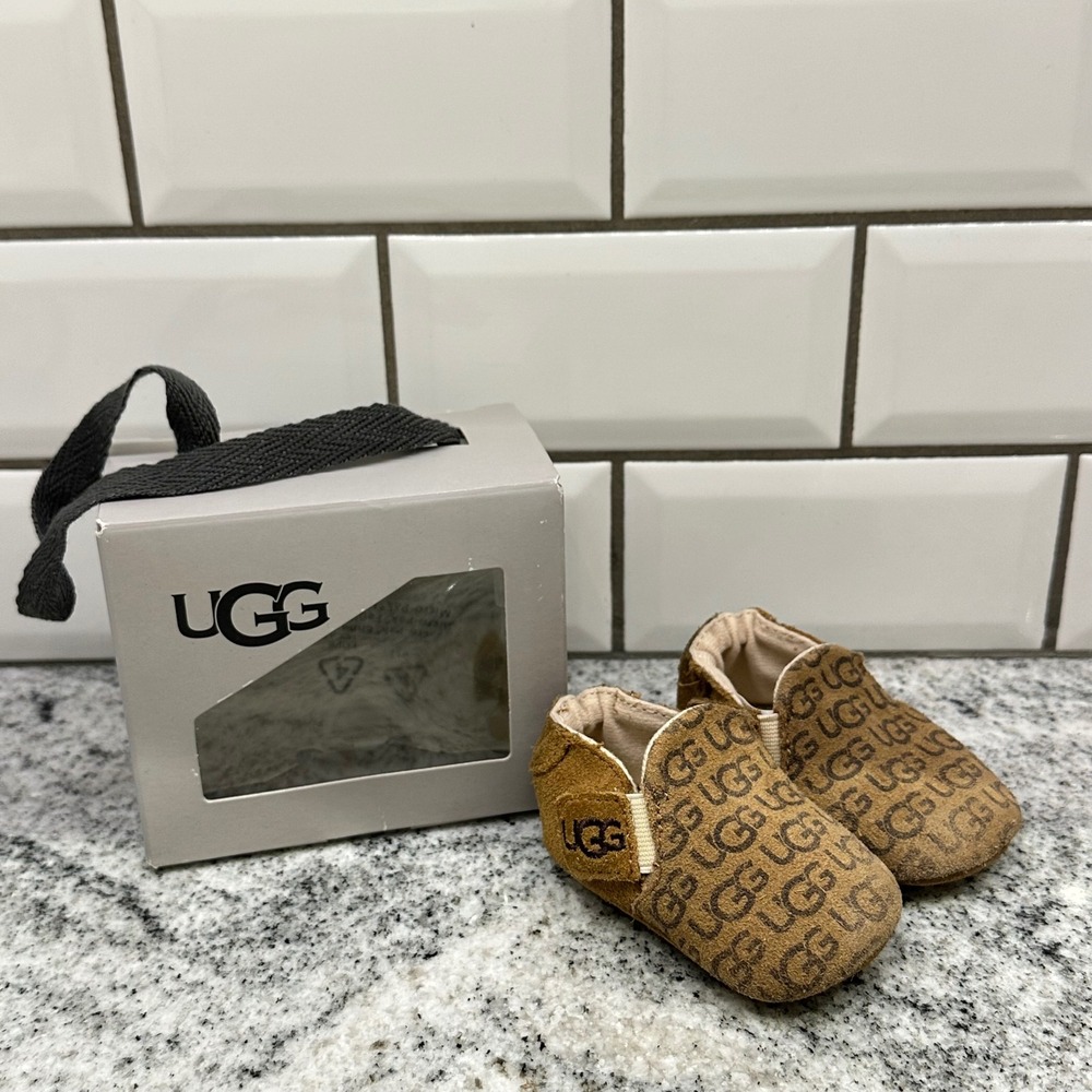 UGG Kids 0/1 I Roos Booties Chestnut Brown Logo Print Suede Slipper Monogram